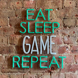 'eat Sleep Game Repeat' Green & White Neon Led Wall Mountabe