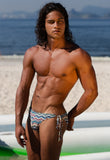 2-IN-1 MAUI SIDE TIE REVERSIBLE LOW RISE SWIM BRIEF - BLUE / ZIGZAG PRINT