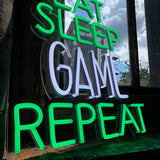 'eat Sleep Game Repeat' Green & White Neon Led Wall Mountabe