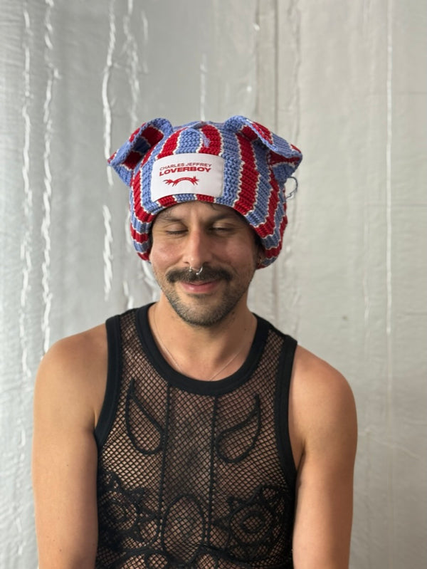 LOVERBOY BY CHARLES JEFFREY CHUNKY EARS BEANIE RED + BLUE STRIPE
