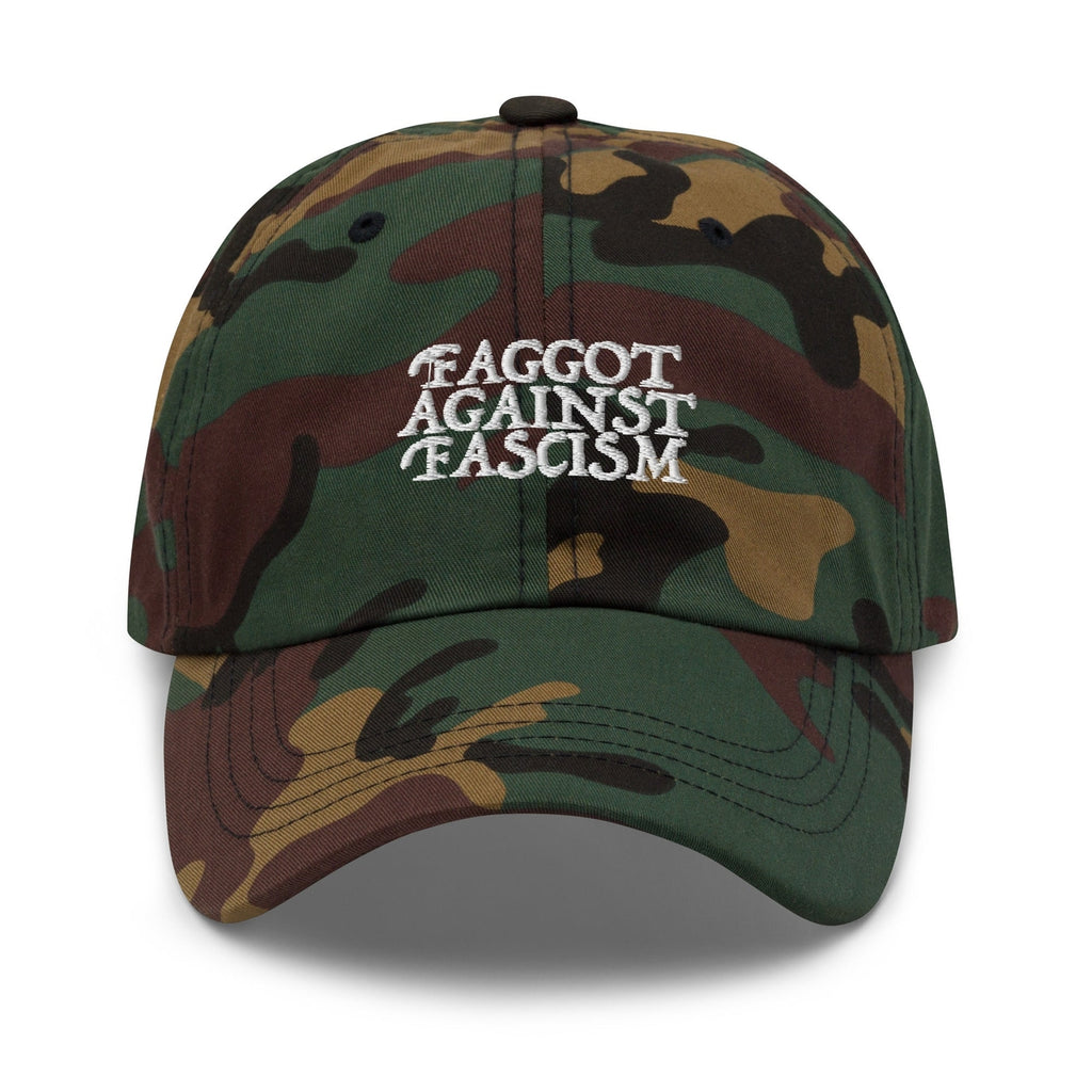 Faggot Against Fascism Dad Hat by YES HOMO in Green Camo