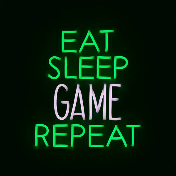 'eat Sleep Game Repeat' Green & White Neon Led Wall Mountabe