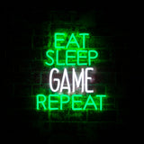 'eat Sleep Game Repeat' Green & White Neon Led Wall Mountabe