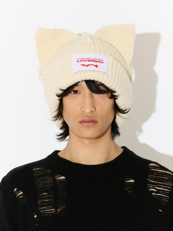 LOVERBOY BY CHARLES JEFFREY SUPERSIZED CHUNKY EARS BEANIE in ECRU