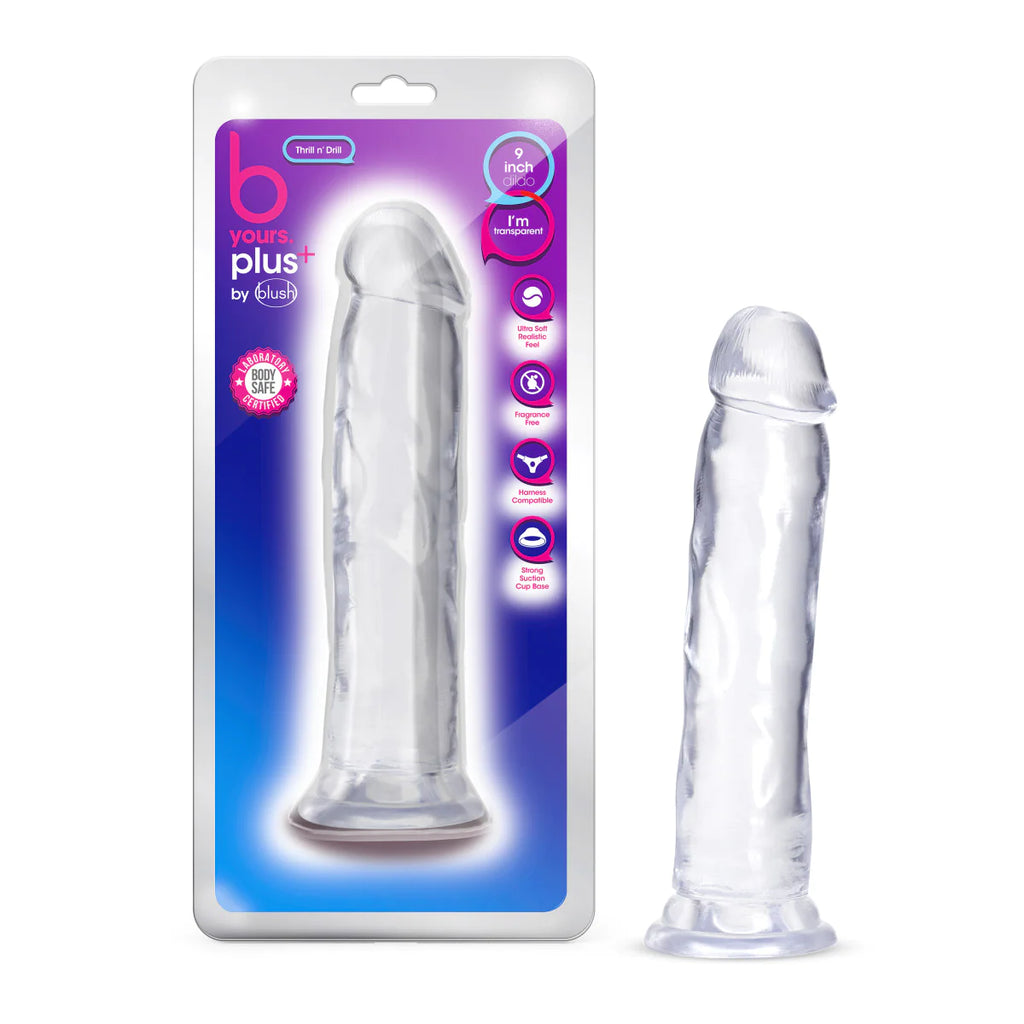 B Yours Plus Thrill N’ Drill Realistic Clear 9.5-Inch Long Dildo