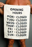 Opening Hours Tea Towel - Third Drawer Down X David Shrigley