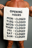 Opening Hours Tea Towel - Third Drawer Down X David Shrigley