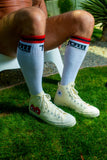 TOM OF FINLAND KNEE HIGH WHITE LOGO SOCKS