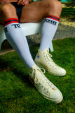 TOM OF FINLAND KNEE HIGH WHITE LOGO SOCKS