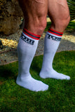 TOM OF FINLAND KNEE HIGH WHITE LOGO SOCKS