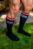 TOM OF FINLAND KNEE HIGH BLACK LOGO SOCKS